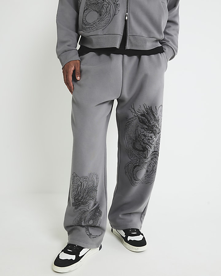 River Island Grey Wide Leg Dragon Print Joggers