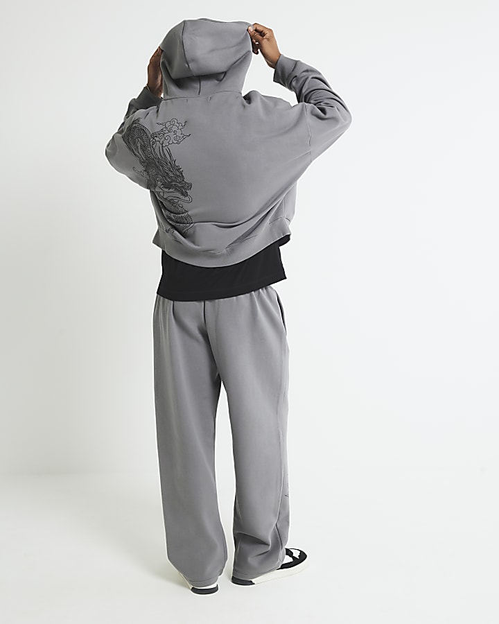 river island Grey Wide Leg Dragon Print Joggers