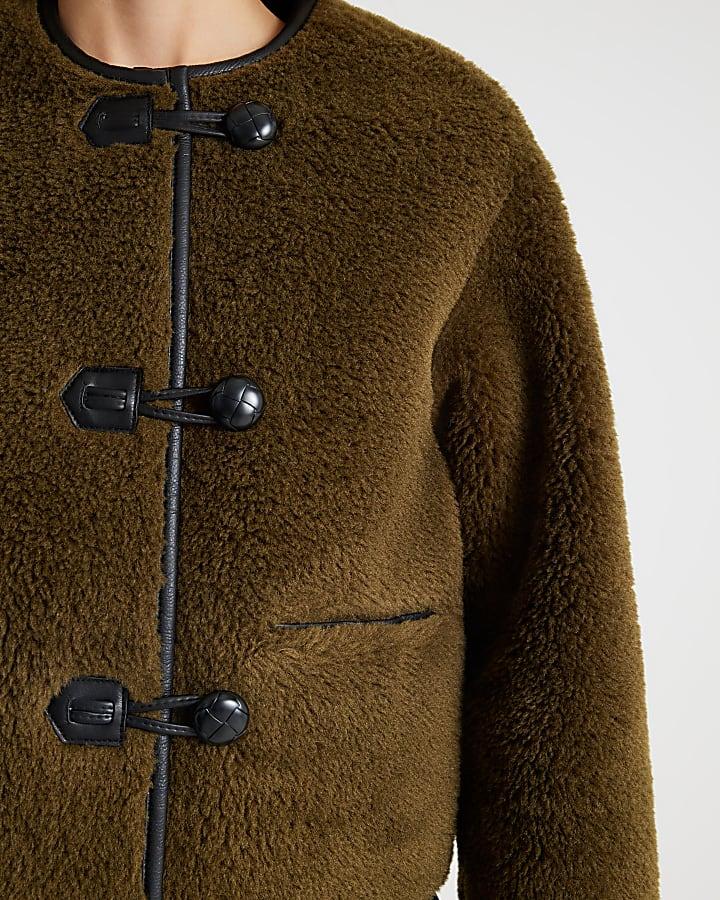 River Island Khaki Borg Button Through Jacket