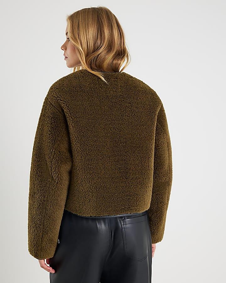 River Island Khaki Borg Button Through Jacket