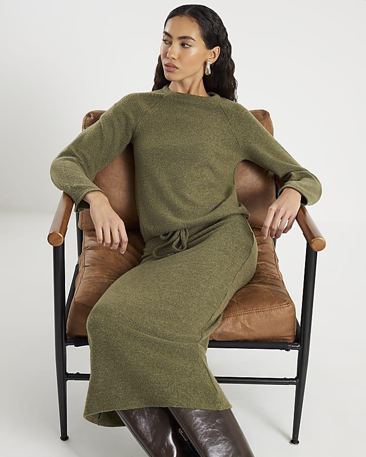 River Island Khaki Cosy Ribbed Midi Skirt