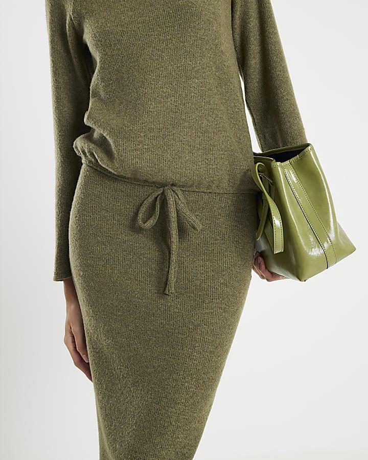 River Island Khaki Cosy Ribbed Midi Skirt