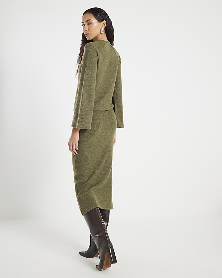 River Island Khaki Cosy Ribbed Midi Skirt