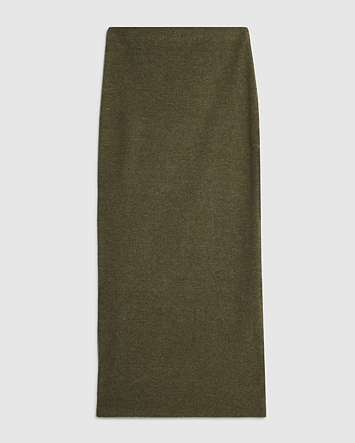river island Khaki Cosy Ribbed Midi Skirt