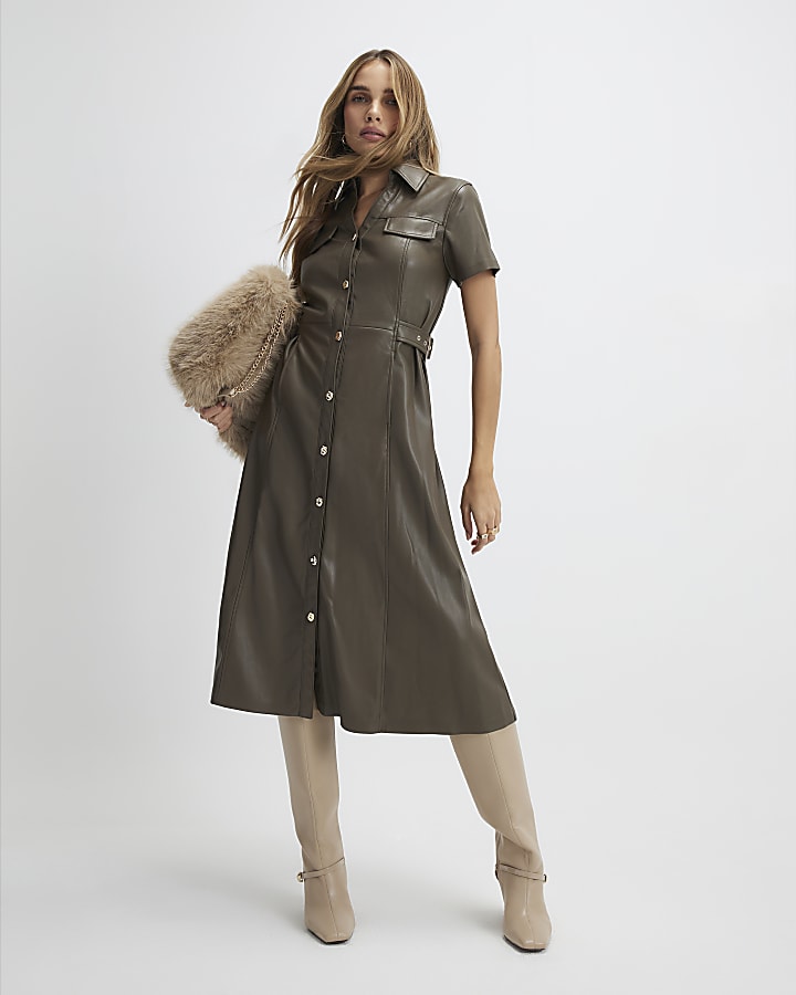 River Island Khaki Faux Leather Midi Shirt Dress