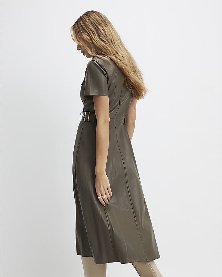 River Island Khaki Faux Leather Midi Shirt Dress