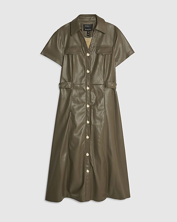 river island Khaki Faux Leather Midi Shirt Dress