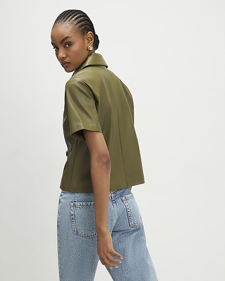 River Island Khaki Faux Leather Shirt
