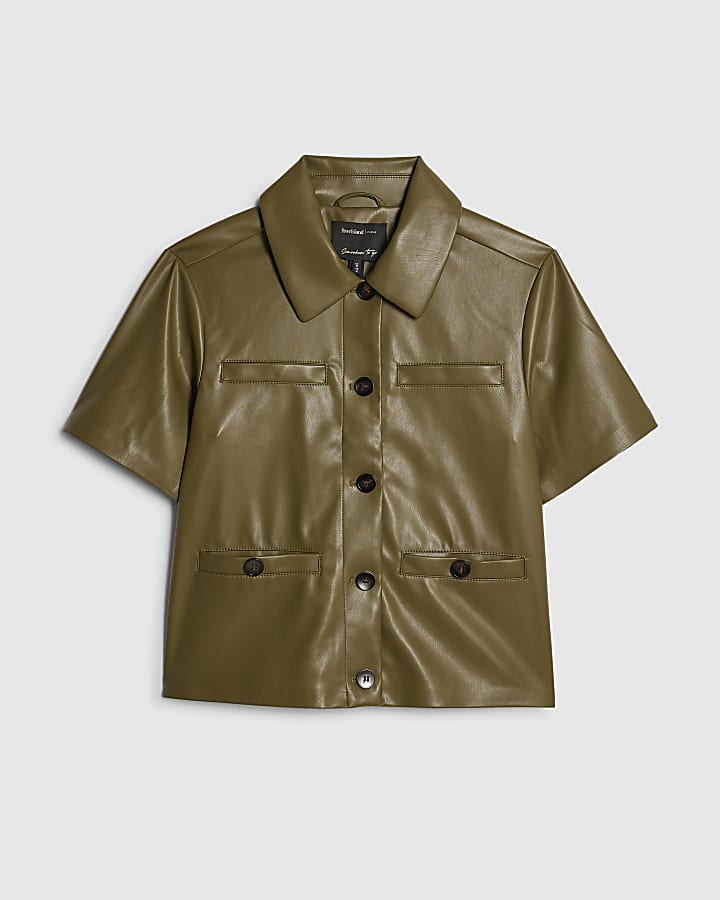 river island Khaki Faux Leather Shirt