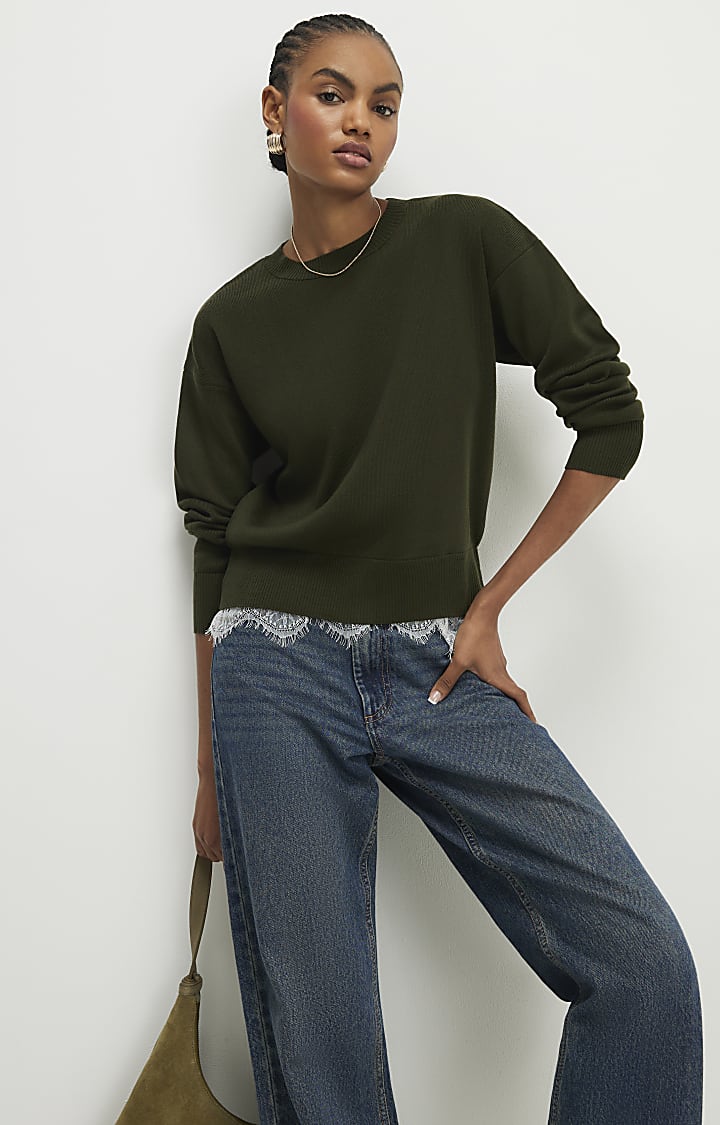 River Island Khaki Lace Hem Jumper