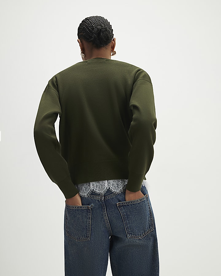 river island Khaki Lace Hem Jumper