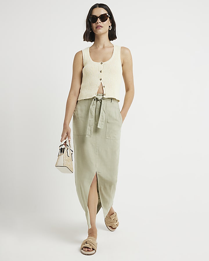 River Island Khaki Linen Blend Belted Maxi Skirt