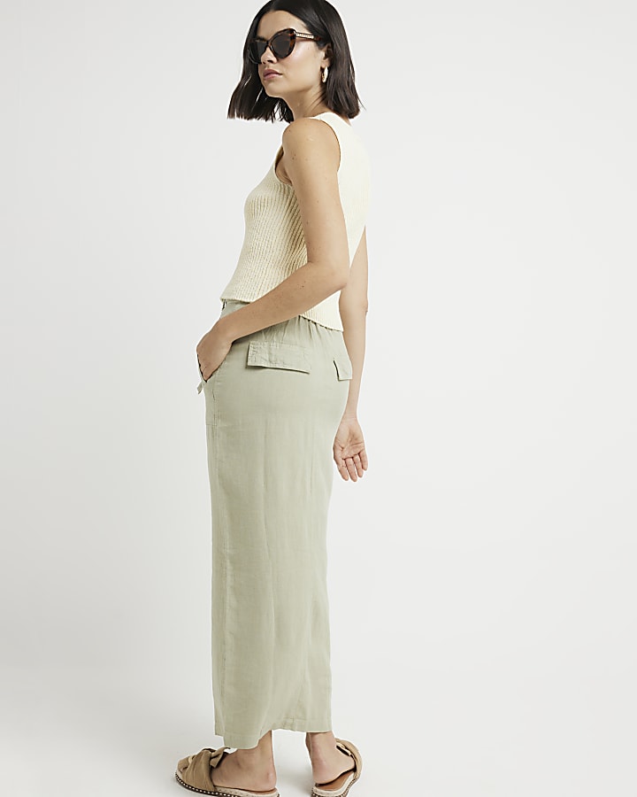 River Island Khaki Linen Blend Belted Maxi Skirt