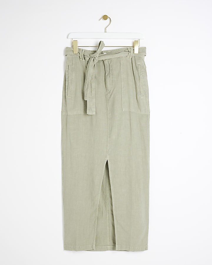 river island Khaki linen blend belted maxi skirt