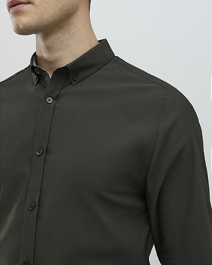 River Island Khaki Muscle Fit Textured Shirt
