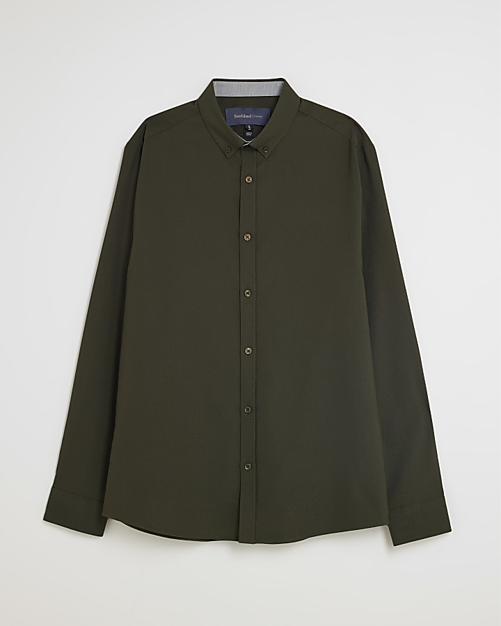 river island Khaki Muscle Fit Textured Shirt