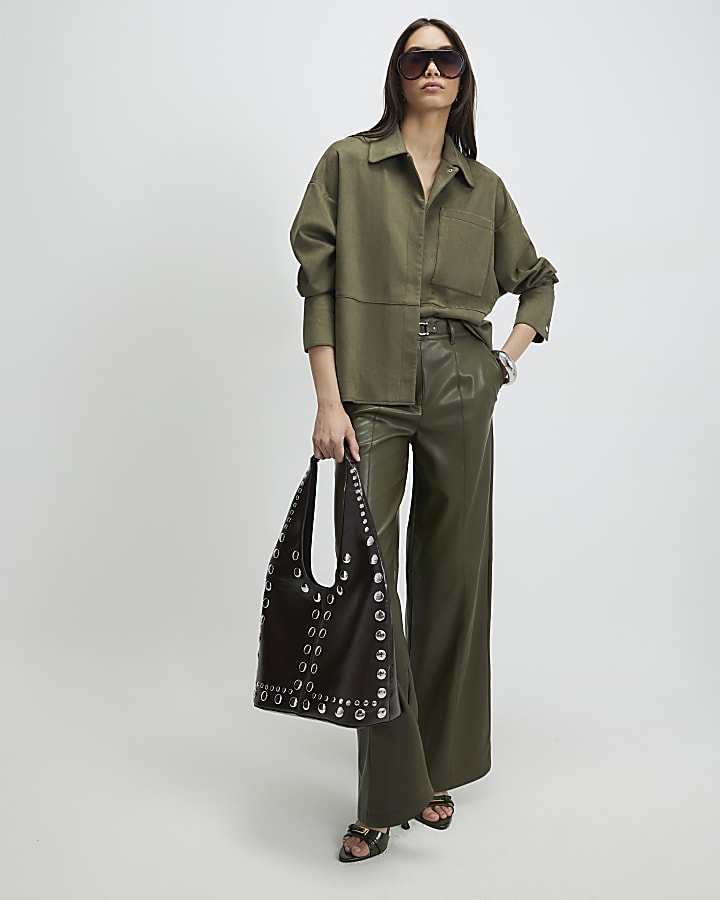 River Island Khaki Oversized Faux Suede Overshirt