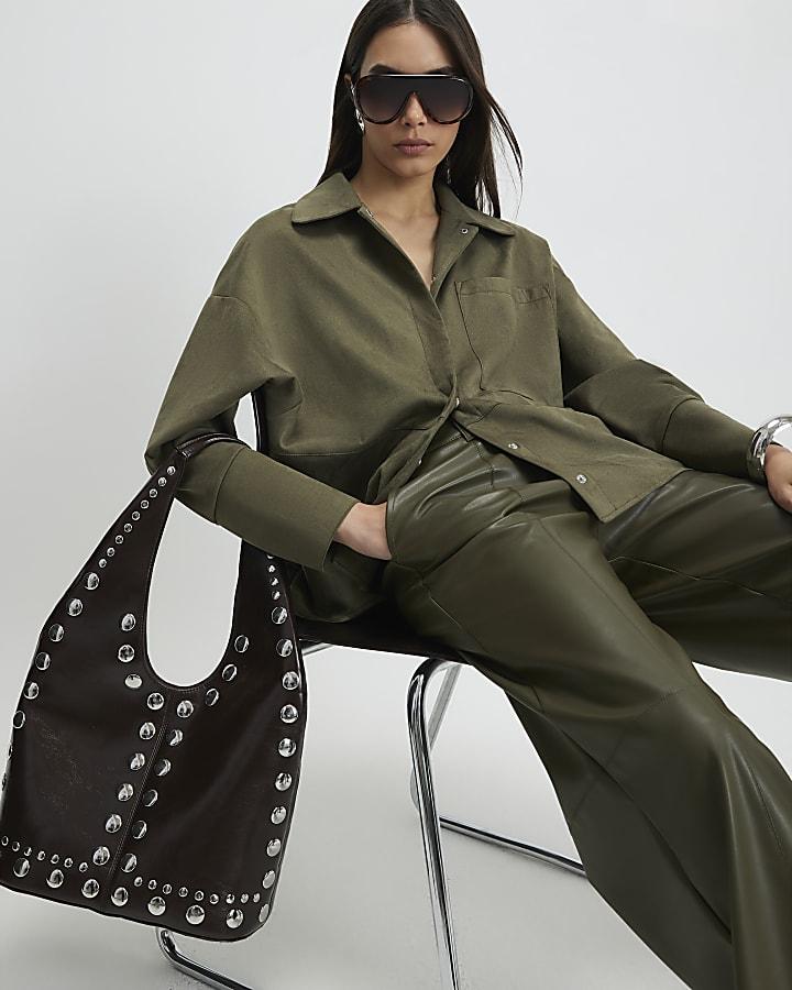 River Island Khaki Oversized Faux Suede Overshirt