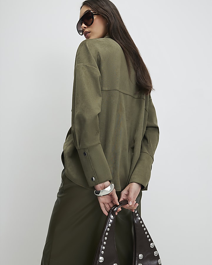 River Island Khaki Oversized Faux Suede Overshirt