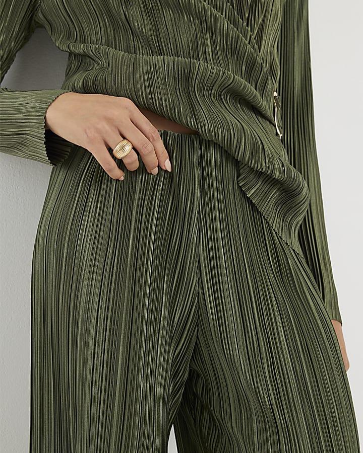 River Island Khaki Plisse Wide Leg Trousers