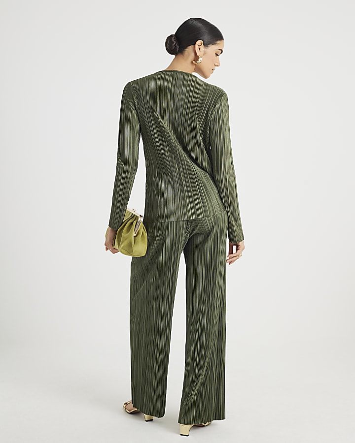 River Island Khaki Plisse Wide Leg Trousers