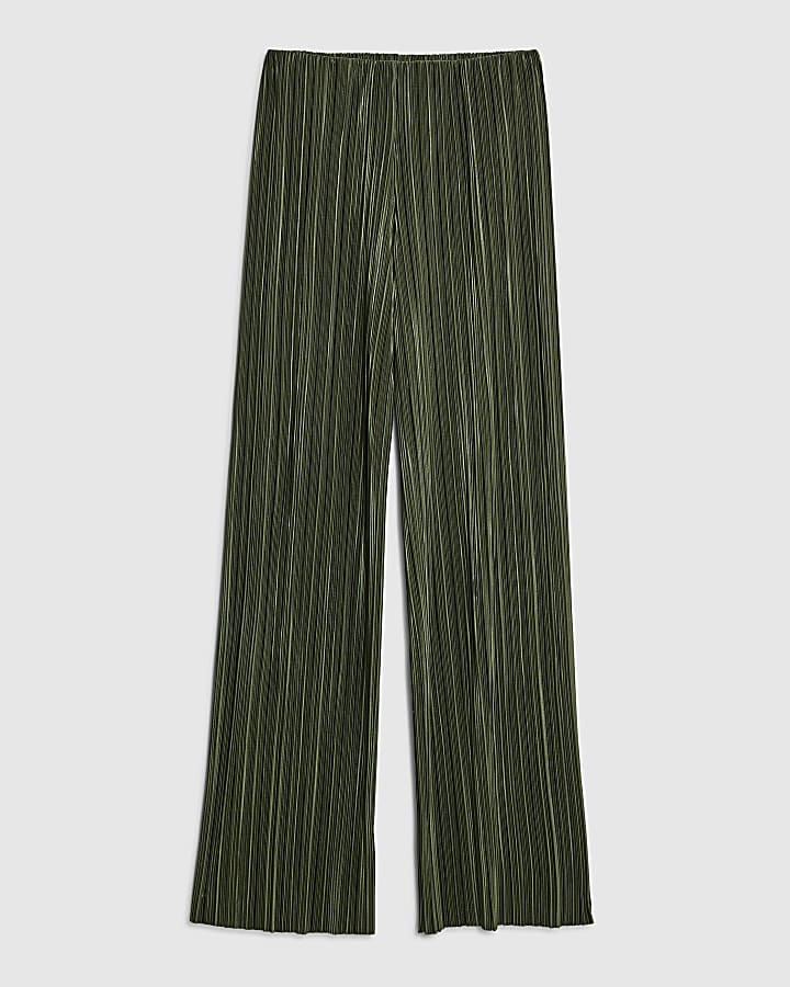 river island Khaki Plisse Wide Leg Trousers