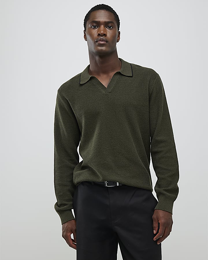 River Island Khaki Regular Fit Open Collar Jumper
