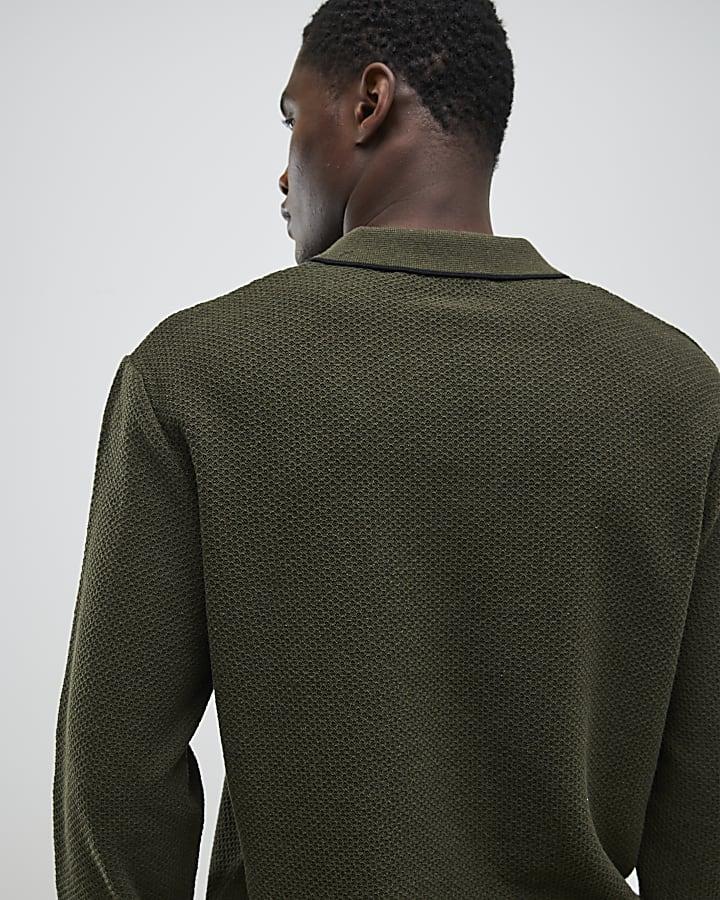 River Island Khaki Regular Fit Open Collar Jumper