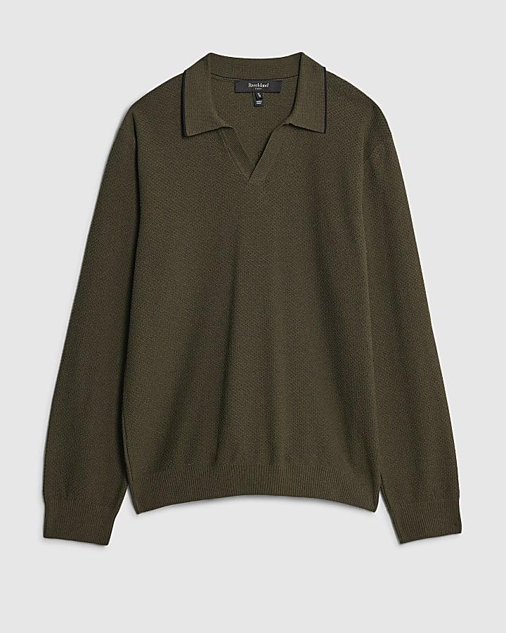 river island Khaki Regular Fit Open Collar Jumper