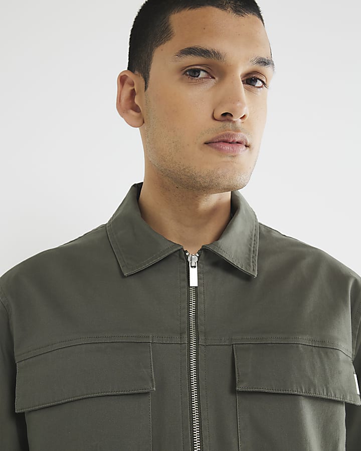 River Island Khaki Regular Fit Zipped Overshirt
