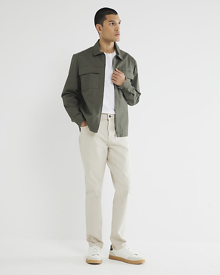 River Island Khaki Regular Fit Zipped Overshirt