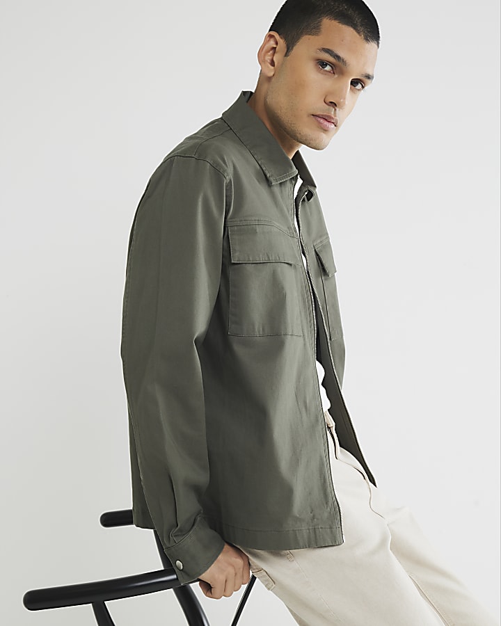 River Island Khaki Regular Fit Zipped Overshirt