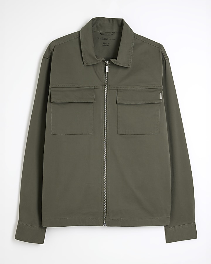 river island Khaki Regular Fit Zipped Overshirt