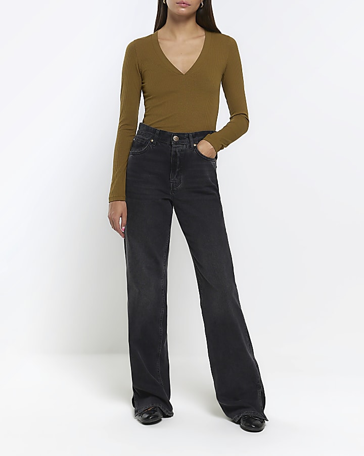 River Island Khaki Rib V-neck Long Sleeve Top