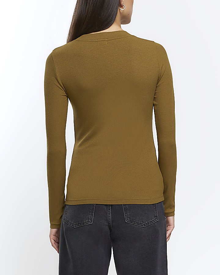 River Island Khaki Rib V-neck Long Sleeve Top