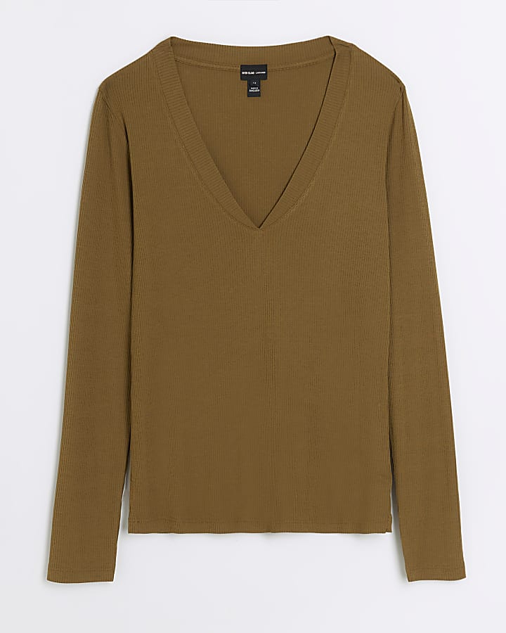 river island Khaki rib v-neck long sleeve top