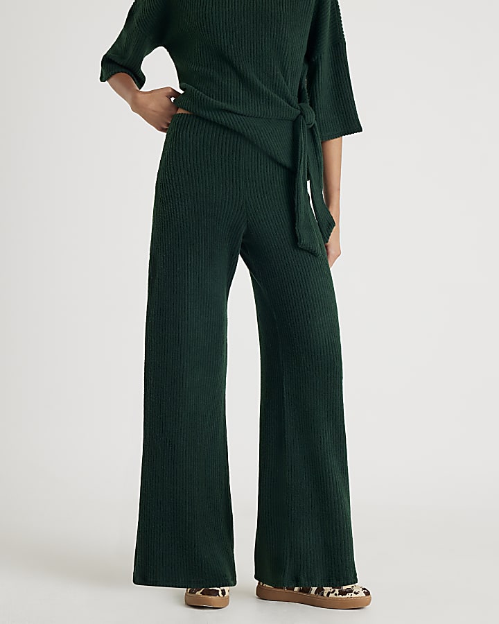 River Island Khaki Ribbed Wide Leg Trousers