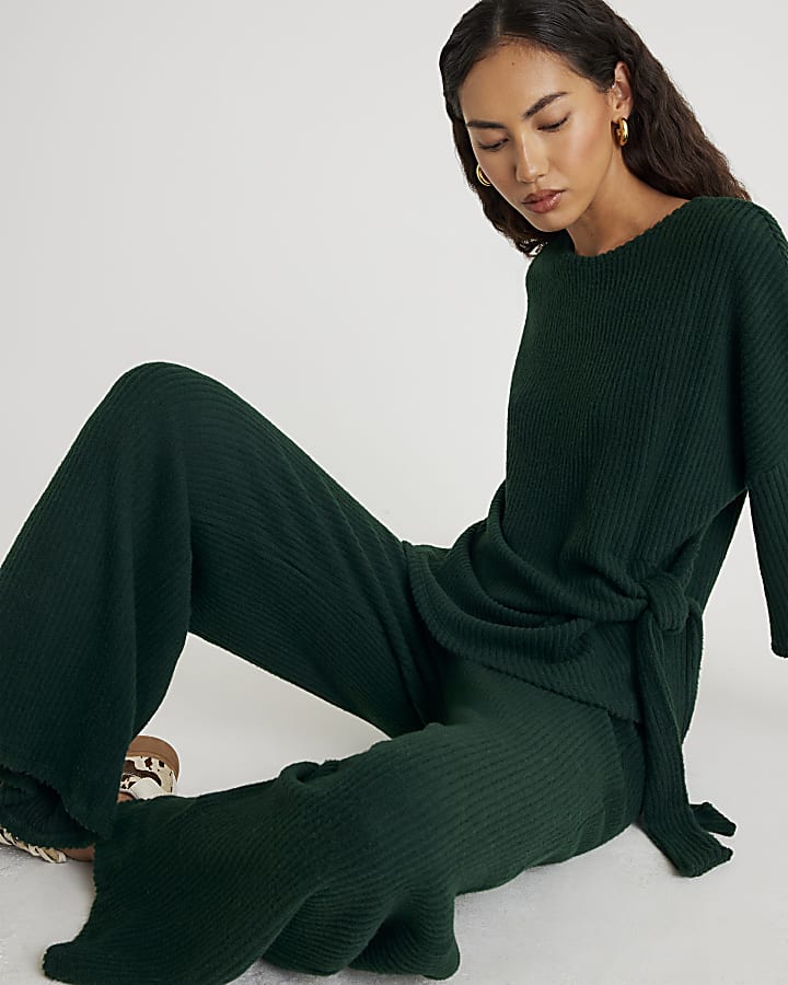 River Island Khaki Ribbed Wide Leg Trousers