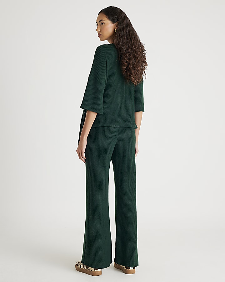 River Island Khaki Ribbed Wide Leg Trousers