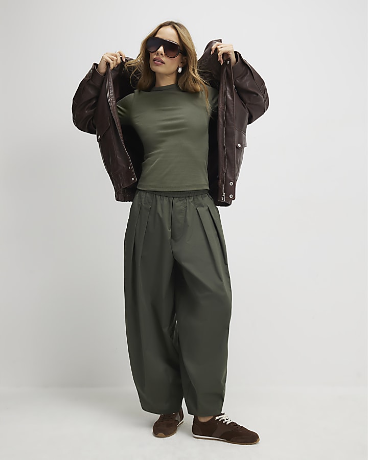 River Island Khaki Short Sleeve Fitted Top