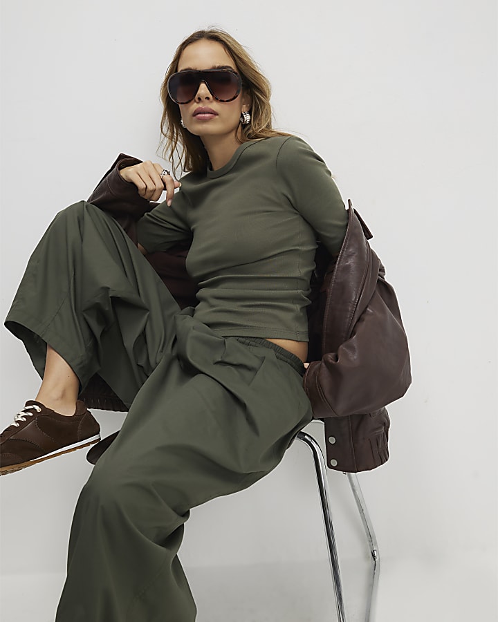 River Island Khaki Short Sleeve Fitted Top