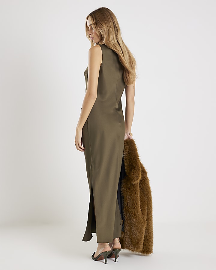 River Island Khaki Slash Neck Maxi Dress
