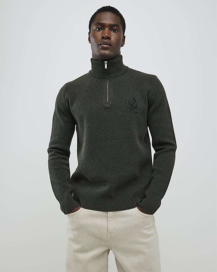River Island Khaki Slim Fit Boucle Half Zip Jumper