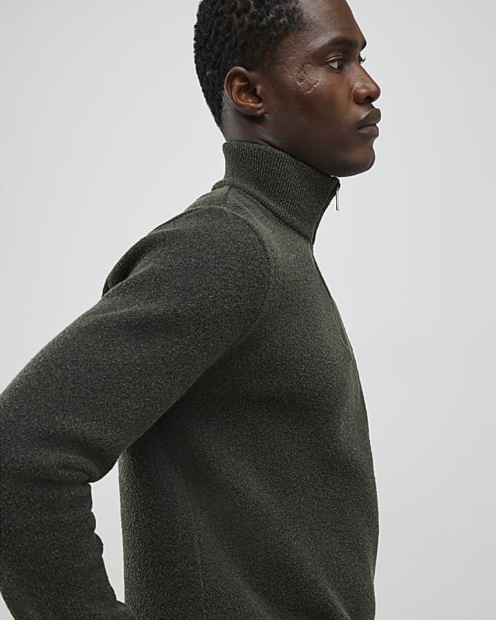 River Island Khaki Slim Fit Boucle Half Zip Jumper