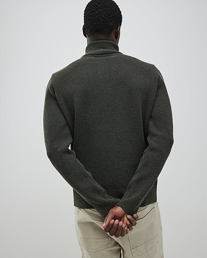 River Island Khaki Slim Fit Boucle Half Zip Jumper
