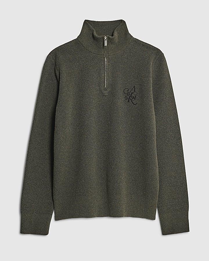river island Khaki Slim Fit Boucle Half Zip Jumper