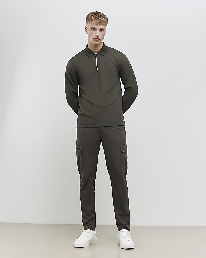 River Island Khaki Slim Fit Textured Polo Shirt