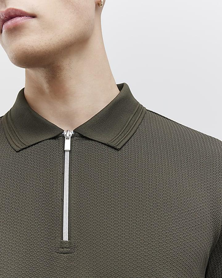 River Island Khaki Slim Fit Textured Polo Shirt