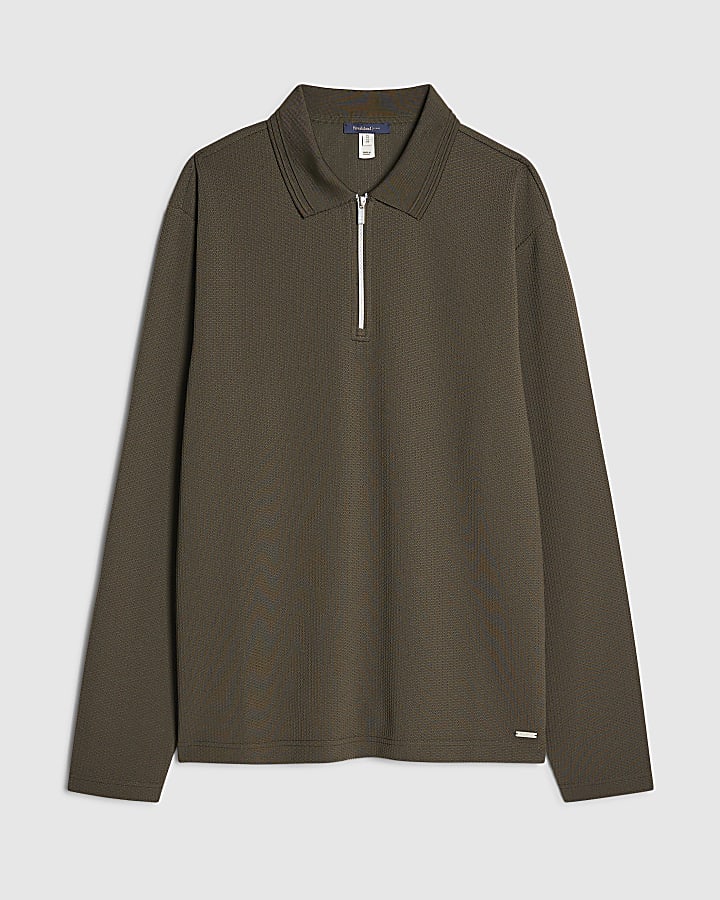 river island Khaki Slim Fit Textured Polo Shirt