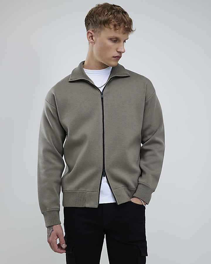 River Island Khaki Slim Fit Zip Through Jumper